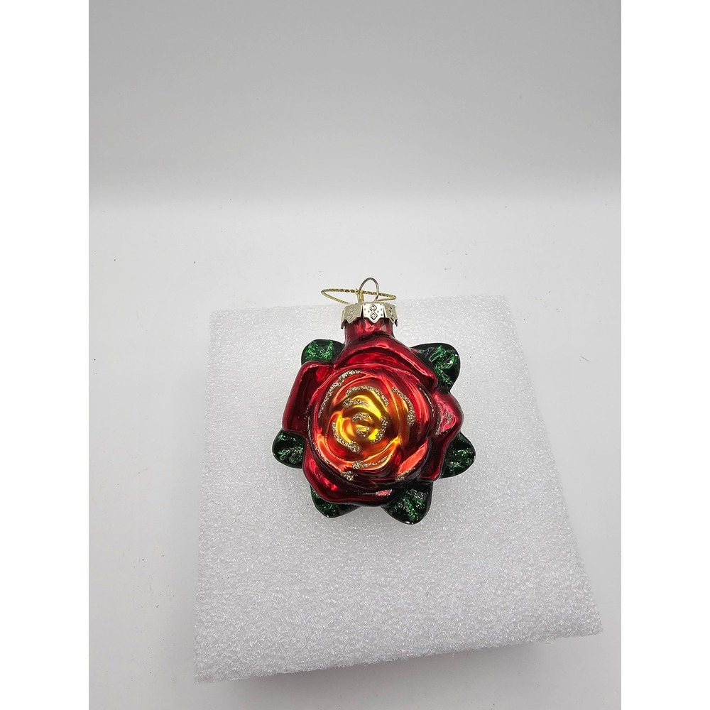 Red Rose Glass Christmas Ornament Floral Flower Red Gold Green Glitter Accent